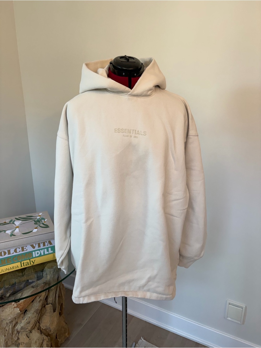 Essentials Cream Tonal Logo Pullover Hoodie - Men's